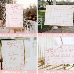 May include: A collection of pink baby shower decorations, including a welcome sign, due date calendar, custom sign, and place cards. The signs feature winter-themed illustrations and text. The welcome sign is available in 18x24, 20x30, and 24x36 inches.