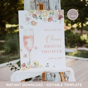 Cartel de bienvenida para despedida de soltera con pétalos y prosecco, plantilla editable de cartel de bienvenida para despedida de soltera con flores rosas, despedida de soltera imprimible