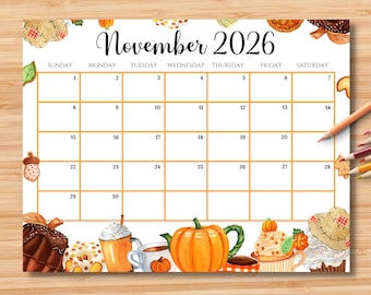 EDITABLE November 2026 Calendar | Monthly Planner for Kids, School, Work, Office & Home Organizer | Printable PDF | Instant Download