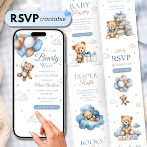 May include: A digital baby shower invitation displayed on a smartphone screen featuring watercolor teddy bears, blue and white balloons, and clouds. The text reads We Can Bearly Wait, Olivia Wilson, August 26th, 2026, and includes a Google Maps button.