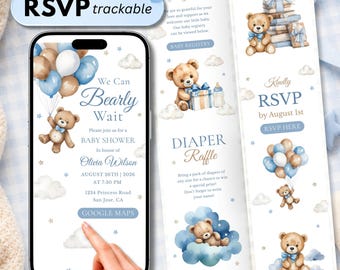 Editable Teddy Bear Baby Shower Website Invitation, Online RSVP Digital Invite, We Can Bearly Wait Blue Boy Bear Balloon Canva Template