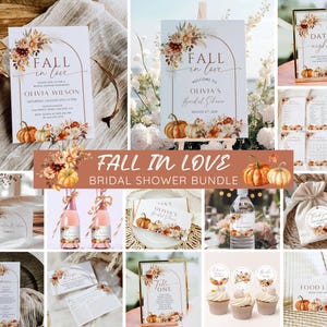 Fall in Love Bridal Shower Bundle, Fall Pumpkin Bridal Shower Invitation & Games, Boho Pampas Floral Autumn Bridal Shower, Editable Template
