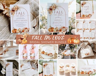 May include: A collection of fall-themed bridal shower stationery. The designs feature pumpkins, floral arrangements, and the text "Fall in Love." Includes invitations, signs, menus, and cupcake toppers. The color palette is warm with orange, brown, and cream tones.