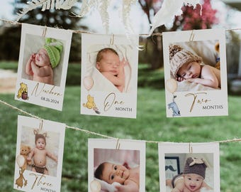 Klassische Winnie the Pooh Monatliche Meilenstein-Fotokarten, Vintage Pooh 1. Geburtstagsfotobanner, Mädchen & Junge erster Geburtstag, Neutral, EDITIERBAR