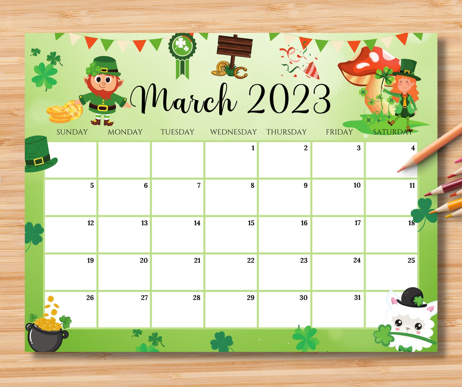 EDITABLE March 2023 Calendar Happy St.patrick's Day Etsy