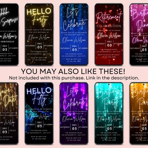 May include: Ten digital phone screen mockups with a sparkling background and text that reads "Shhh it's a surprise", "Hello Forty", "Let's Celebrate", "Retirement Celebration", "Birthday Dinner", "Save the Date", "Hello Fifty", "Let's Celebrate", "Birthday Party", and "Birthday Party". The text is in white and the background is a gradient of pink, blue, purple, red, and yellow.