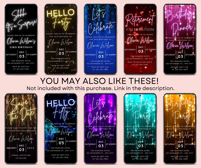 May include: Ten digital phone screen mockups with a sparkling background and text that reads "Shhh it's a surprise", "Hello Forty", "Let's Celebrate", "Retirement Celebration", "Birthday Dinner", "Save the Date", "Hello Fifty", "Let's Celebrate", "Birthday Party", and "Birthday Party". The text is in white and the background is a gradient of pink, blue, purple, red, and yellow.