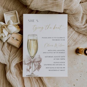 She’s Tying the Knot Bridal Shower Invitation, Coquette Bow Champagne Bridal Brunch Invite, Champagne Wedding Shower, Editable Template