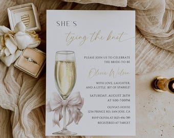 Faire-part de douche nuptiale elle noue des noeuds, invitation de brunch de mariée champagne noeud coquette, shower de mariage champagne, modèle modifiable