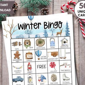 Winter Bingo Game, 50 Unique Bingo Cards, Kids&#39; Winter Activity, Winter Printable, Winter Bingo Cards, Printable, Digital, Instant Download