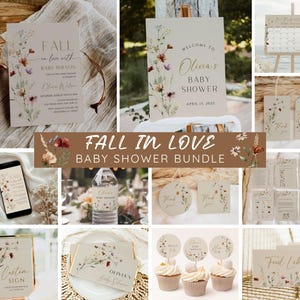 May include: A selection of baby shower stationery featuring floral motifs. Includes invitations, a welcome sign, thank you tags, and cupcake toppers. The text "Fall in Love Baby Shower Bundle" is visible.
