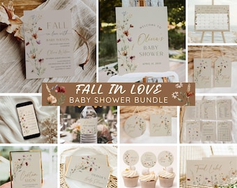 Fall in Love Baby Shower Bundle, Fall Wildflower Baby Shower Invitation & Games Bundle, Autumn Baby Sprinkle, Editable Template, Printable
