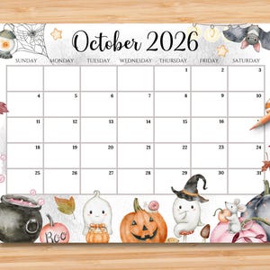 Bewerkbare kalender oktober 2026 | Afdrukbare pdf-maandplanner | Opberger voor school, werk, kantoor en thuis | Direct downloaden