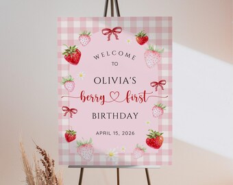 Berry First Birthday Welcome Sign, Strawberry 1st Birthday Welcome Poster, Berry First Baby Girl 1st Birthday Party Sign, Editable Printable