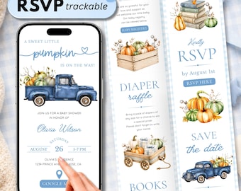 Editable A Little Pumpkin Is On The Way Baby Shower Website Invitation, Online RSVP Digital Invite, Baby boy Fall Baby Shower Canva Template