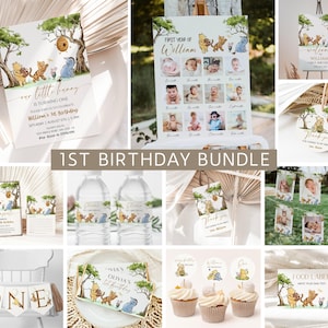 Winnie the Pooh 1st Birthday Bundle, Classic Pooh Bear Birthday Invitation, Pooh 1st Birthday Bundle, Girl Boy First Birthday Gender Neutral