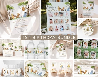 Winnie the Pooh 1st Birthday Bundle, Classic Pooh Bear Birthday Invitation, Pooh 1st Birthday Bundle, Girl Boy First Birthday Gender Neutral