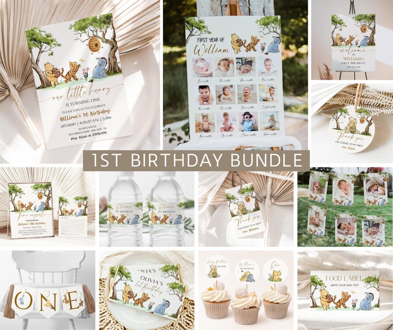 May include: Winnie the Pooh themed 1st birthday party printable bundle. Includes invitations, food labels, water bottle labels, cupcake toppers, a banner, a photo booth backdrop, and a growth chart. The design features Winnie the Pooh, Piglet, Tigger, and Eeyore.