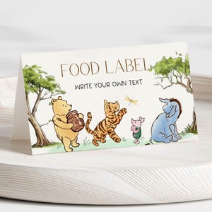 Winnie the Pooh Place Card, Classic Pooh Bear Food Tag, Pooh Birthday Buffet Tent Card, Food Label, Table Name Card, Gender Neutral EDITABLE