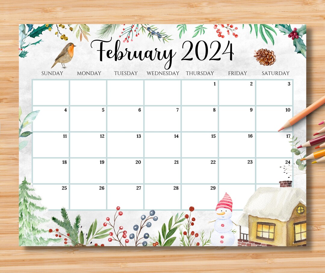 EDITABLE February 2024 Calendar, Beautiful Winter in a Garden