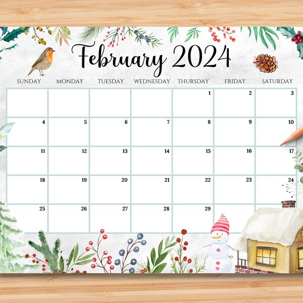 EDITIERBARER Kalender Februar 2024, schöner Winter in einem Garten, druckbare Kinderschulplaner, Klassenzimmer-Bürokalender, Sofort-Download