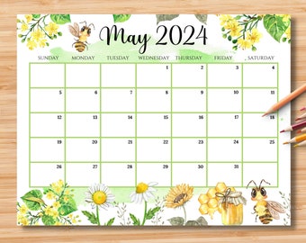 EDITABLE Calendario maggio 2024, Ciao primavera con simpatiche api mellifere, Agenda festa della mamma, Agenda mensile compilabile stampabile, Download istantaneo