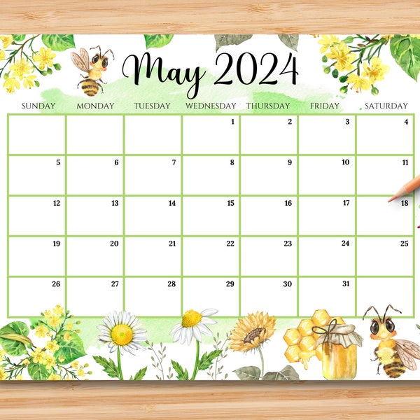 EDITABLE May 2024 Calendar, Hello Spring with Cute Honey Bees, Mother's Day Planner, Printable Fillable Monthly Planner, Instant Download