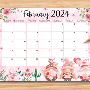 EDITABLE February 2024 Calendar, Sweet Valentine with Love Gnomes, Printable Editable Calendar Planner, Kids Schedule, Instant Download