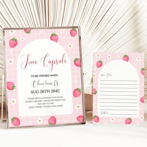 Modèle de carte et de signe de capsule temporelle pour le premier anniversaire des baies, capsule temporelle pour le premier anniversaire aux fraises, douces baies, pour le 1er anniversaire d'une fille, MODIFIABLE