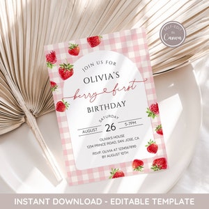 Pink Gingham Berry First Birthday Invitation Modern Strawberry Birthday Invitation Editable Digital Template Instant Download Girl Birthday