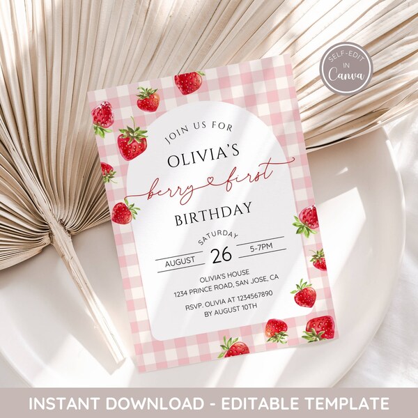 Pink Gingham Berry First Birthday Invitation Modern Strawberry Birthday Invitation Editable Digital Template Instant Download Girl Birthday