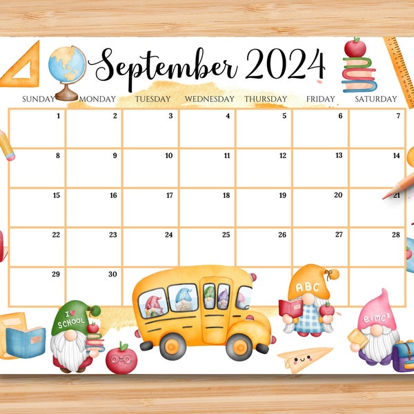 EDITABLE September 2024 Calendar, Back To School Planner with Cute Gnomes, Printable Classroom Calendar, Kids School Homeschool Schedule