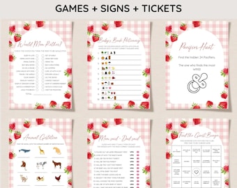 Strawberry Baby Shower Game Bundle, Pink Gingham, Berry Sweet Baby Shower Game Package, Strawberry Baby Shower Girl Editable Games Printable