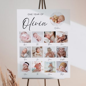Plantilla de póster minimalista del primer año del bebé, cartel con foto del primer cumpleaños, collage de fotos moderno del primer cumpleaños, tablero editable con imágenes del año