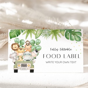 Segnaposto per compleanno con animali da safari, etichetta per cibo per il primo compleanno di un bambino con animali da safari, carta per tenda da buffet con animali della giungla, etichetta per cibo, carta con nome del tavolo, MODIFICABILE
