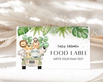 Safari Animal Birthday Place Card, Safari Boy 1st Birthday Food Tag, Jungle Animal Buffet Tent Card, Food Label, Table Name Card, EDITABLE