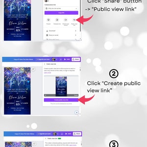 May include: A screenshot of a computer screen showing a step-by-step guide on how to share a video on Canva. The guide shows how to click the "Share" button, then click "Create public view link", and finally copy the link to share with others. The video is a save the date invitation with a blue background and gold glitter.