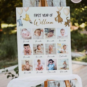 Póster con foto del primer cumpleaños clásico de Winnie the Pooh, tablero de hitos del primer cumpleaños de Pooh vintage, primer cumpleaños del oso Pooh, género neutro, EDITABLE