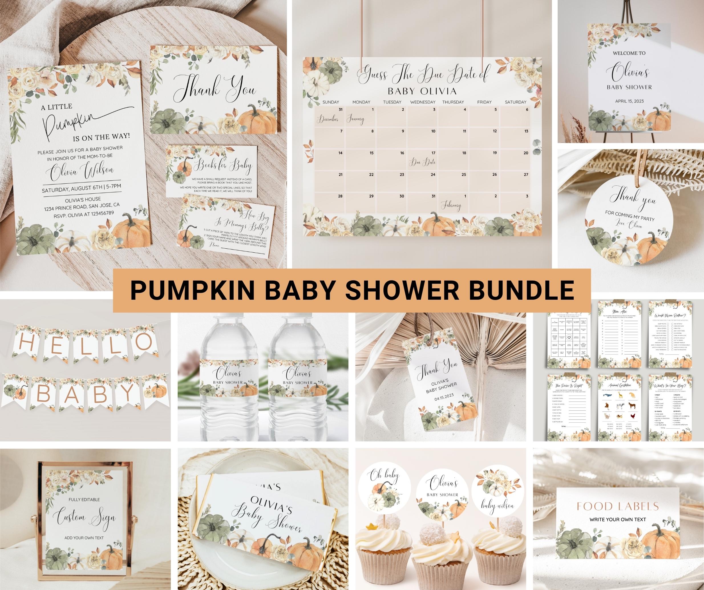 Kleines Kürbis-Babyparty-Bundle, Herbst-Babyparty-Einladung & Spiele, Neutrales Geschlecht, Herbst-Baby-Sprinkler, bearbeitbare Canva-Vorlage