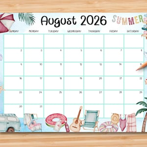 Calendario editable de agosto de 2026 / Planificador mensual imprimible en PDF / Organizador para la escuela, el trabajo, la oficina y el hogar / Descarga instantánea