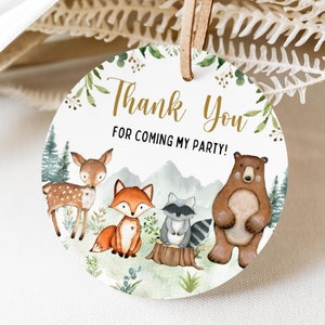 EDITABLE Woodland Baby Shower Favor Tag, Gender Neutral, Woodland Animal Thank you Tag, Woodland Theme Gift Tag Printable, Circle, Digital