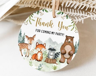 EDITABLE Woodland Baby Shower Favor Tag, Gender Neutral, Woodland Animal Thank you Tag, Woodland Theme Gift Tag Printable, Circle, Digital