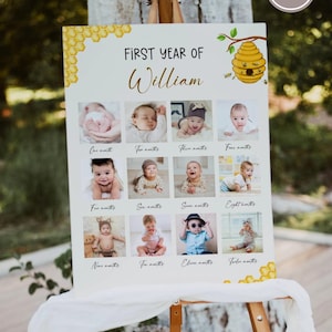 Classic Winnie the Pooh First Birthday Photo Poster, Vintage Pooh 1st Birthday Milestone Board, Pooh Bear 1st Bday, Neutral Gender, EDITABLE