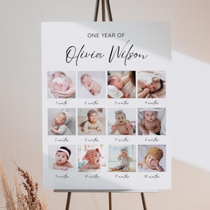 Modèle d'affiche de la première année de bébé minimaliste, panneau photo premier anniversaire, collage photo moderne pour le 1er anniversaire, tableau modifiable année en images