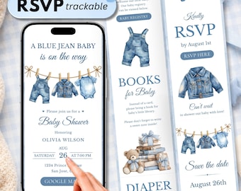 Editable Blue Jean Baby Shower Website Invitation, Online RSVP Digital Invite, Denim Western Cowboy Boy Baby Shower Canva Template Download