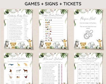 May include: Printable baby shower game cards featuring jungle animal illustrations. The games include "Celebrity Baby Name", "Baby's Books Pictionary", "Pacifier Hunt", "Animal Gestation", "Mom Said - Dad Said", and "Find the Guest Bingo".