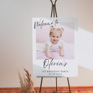 Minimalistisches Willkommensschild zum ersten Geburtstag, modernes Foto Geburtstag Willkommensschild zum 1. Geburtstag, Willkommensschild zum ersten Geburtstag, bearbeitbar druckbar