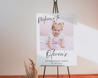 Minimalist First Birthday Welcome Sign, Modern Photo 1st Birthday Welcome Poster, Simple Birthday Party Sign, Editable Canva Template