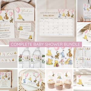 Winnie the Pooh Baby Shower Bundle, Editable Vintage Pooh Bear Party Invitation, Girl Baby Shower Games Welcome Signs Invite Decor Printable