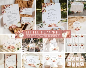 Little Pumpkin Baby Shower Bundle, Fall Girl Baby Shower Invitation & Games, Autumn Baby Sprinkle, Editable Canva Template, Printable
